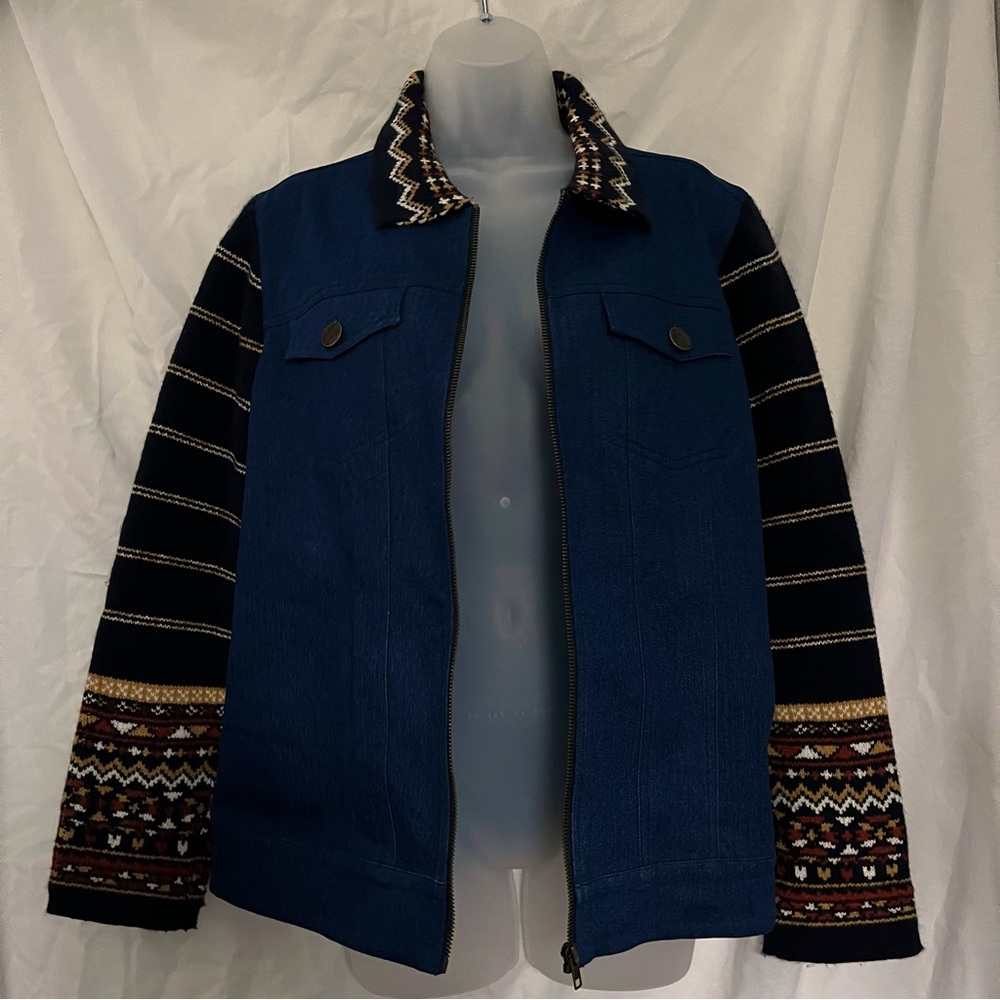 🍂 🌞 Retro Denim Jean Jacket Knit Patterned Sleeves size Large